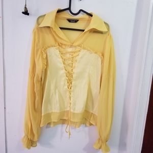Yellow Renaissance Puff Sleeve Corset Lace Up Blouse